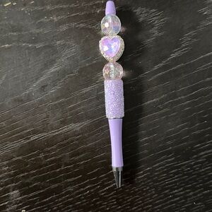 Purple Beaded Pen with Heart Accent handmade